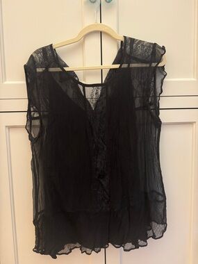 bp Black Sheer Lace-Trim Sleeveless Blouse